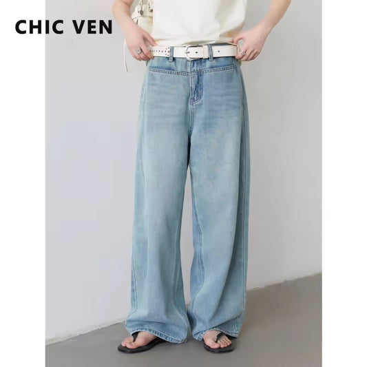 CHIC VEN Fashion Women Jeans Loose Casal New Vintage High Waist Blue Wide Leg Trousers Long Female Denim Pants Summer 2025