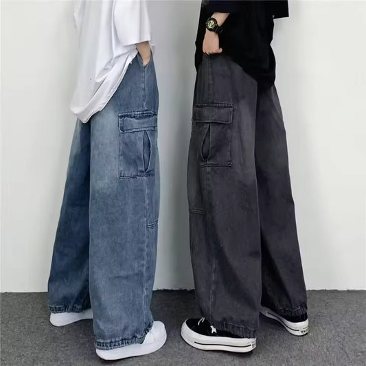 2023 Japanese Style Loose Fit Vintage Draped Jeans Women's Casual Large Pocket Workwear Straight Wide Leg Denim Trousers