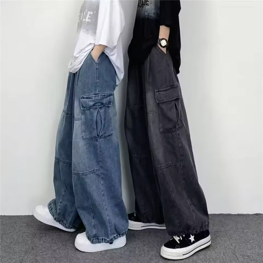 2023 Japanese Style Loose Fit Vintage Draped Jeans Women's Casual Large Pocket Workwear Straight Wide Leg Denim Trousers