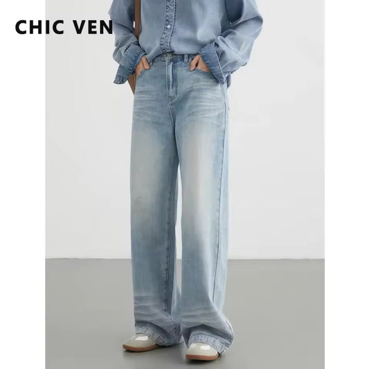CHIC VEN Women Jeans Loose New High Waisted Blue Casual Straight Leg Trousers Wide Legs Denim Pants Spring Autumn 2024