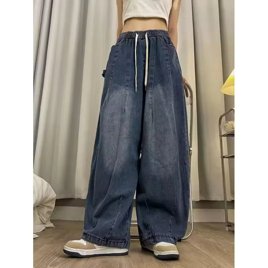 Casual Drawstring High Waist Wide Leg Jeans Women Elastic Loose Fit Retro Style Autumn New plus Size Versatile Lantern Pants